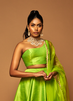 LIME GREEN ONE SHOULDER RAW SILK BUSTIER